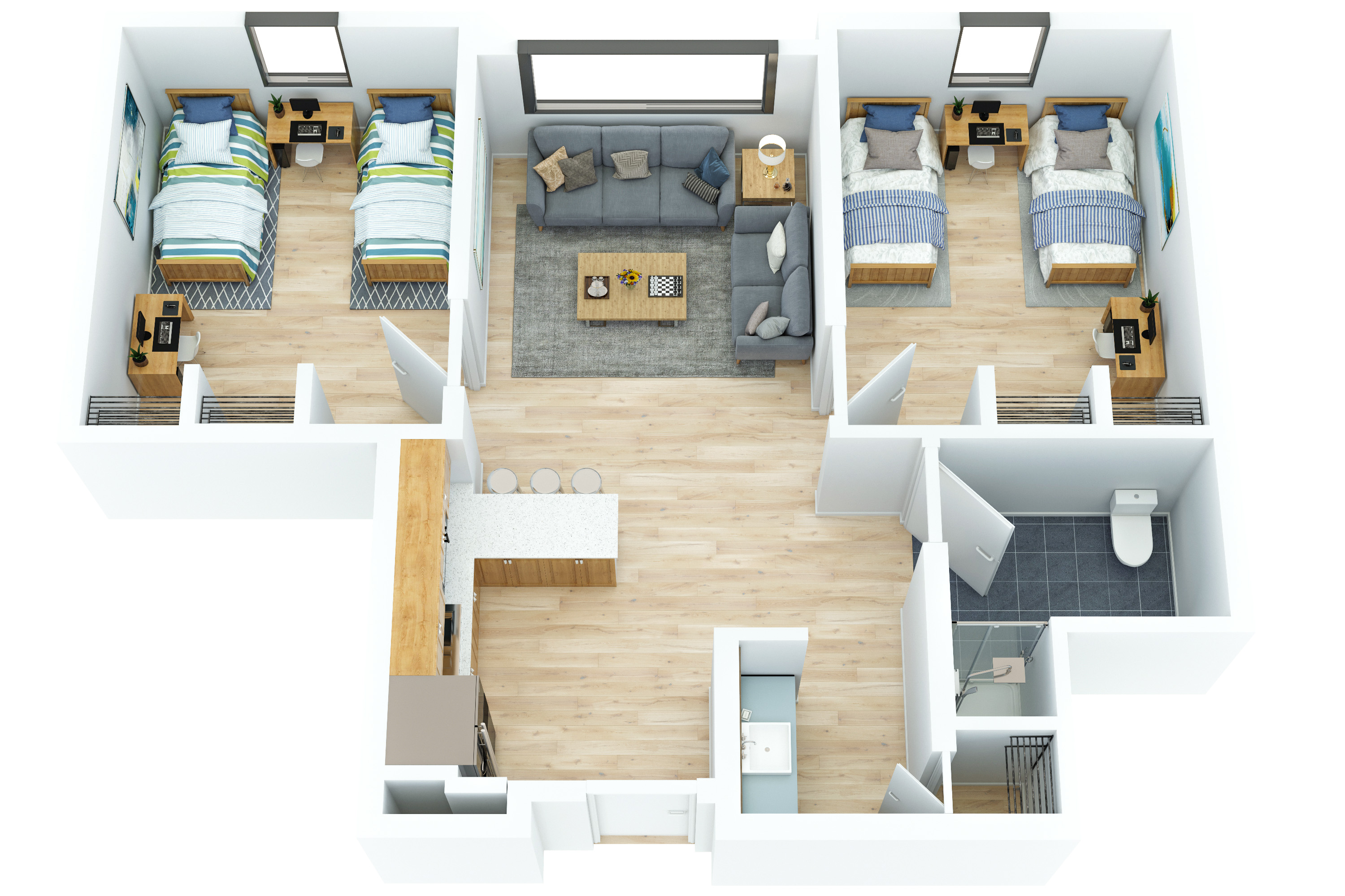 3D Floor with two bedrooms and American Kitchen 