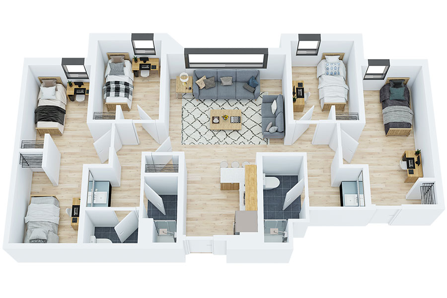 Floorplan of 4 bedroom apartment composed of 1 semi-private room and 2 private rooms