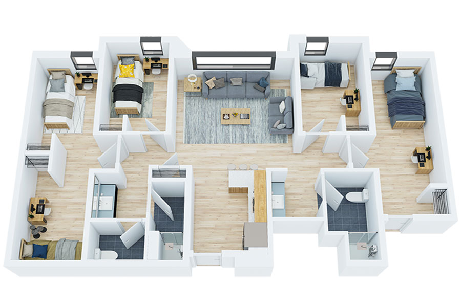 Floorplan of 4 bedroom apartment composed of 1 semiprivate room and 2 private rooms