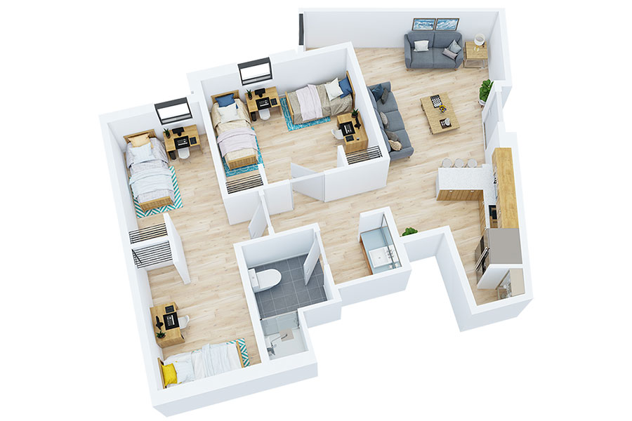 Floorplan of 4 bedroom apartment composed of 1 shared room and 1 semiprivate room