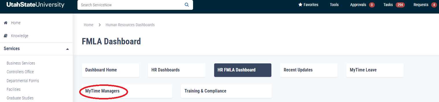 MyTime Managers button circled on the FMLA dashboard