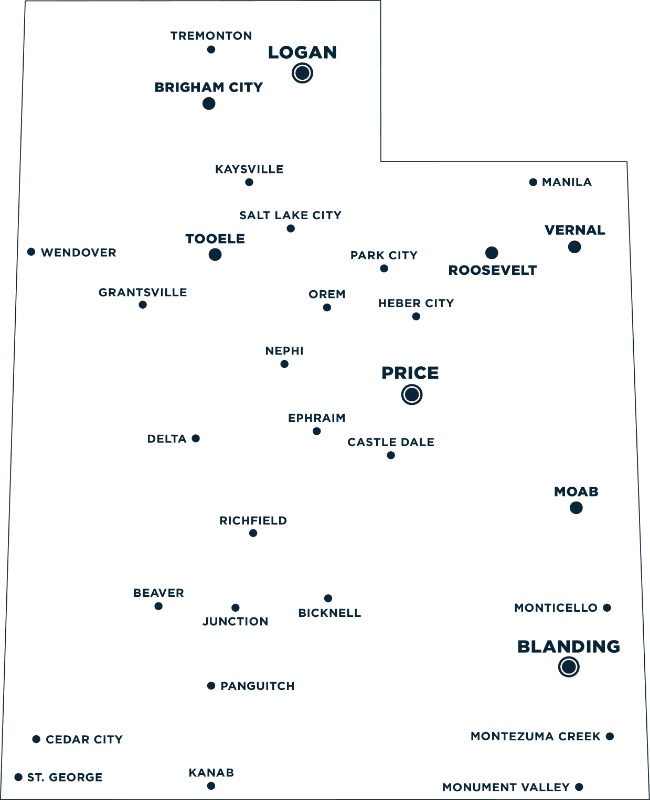 Map of Utah with USU Campus or Centers marked