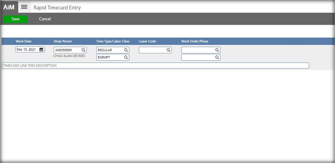 Rapid Timecard Entry screen