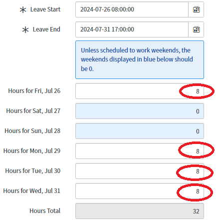 Red circles around the hours fields for Friday and Monday through Wednesday.