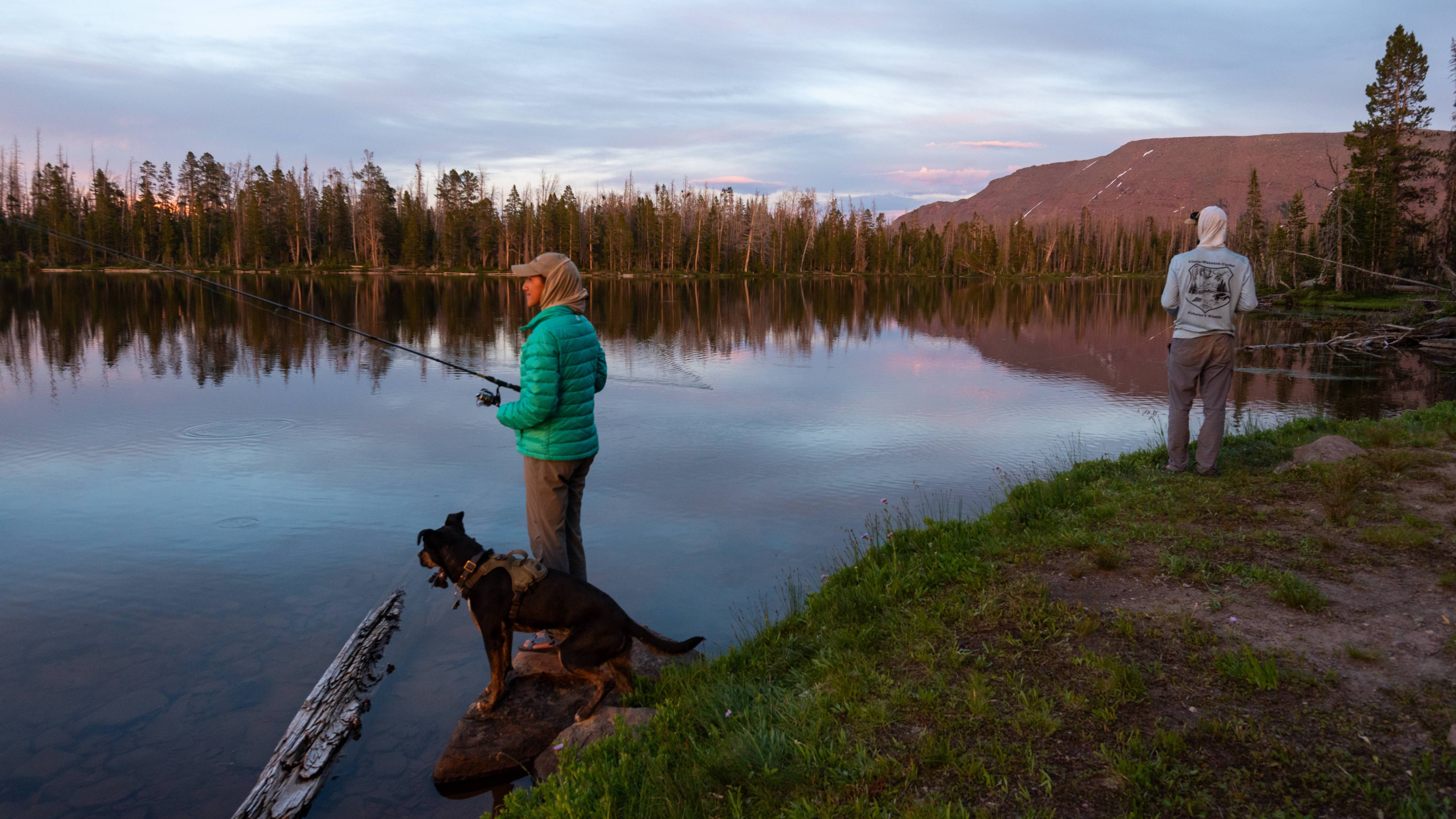 Two people and a dog fishing in a lake