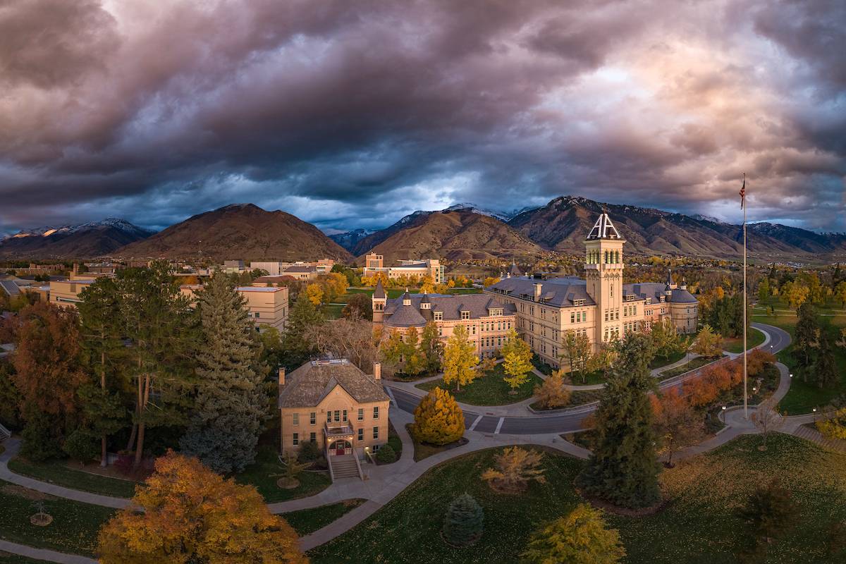 Aerial view of the USU Logan Campus and the Old Main building.