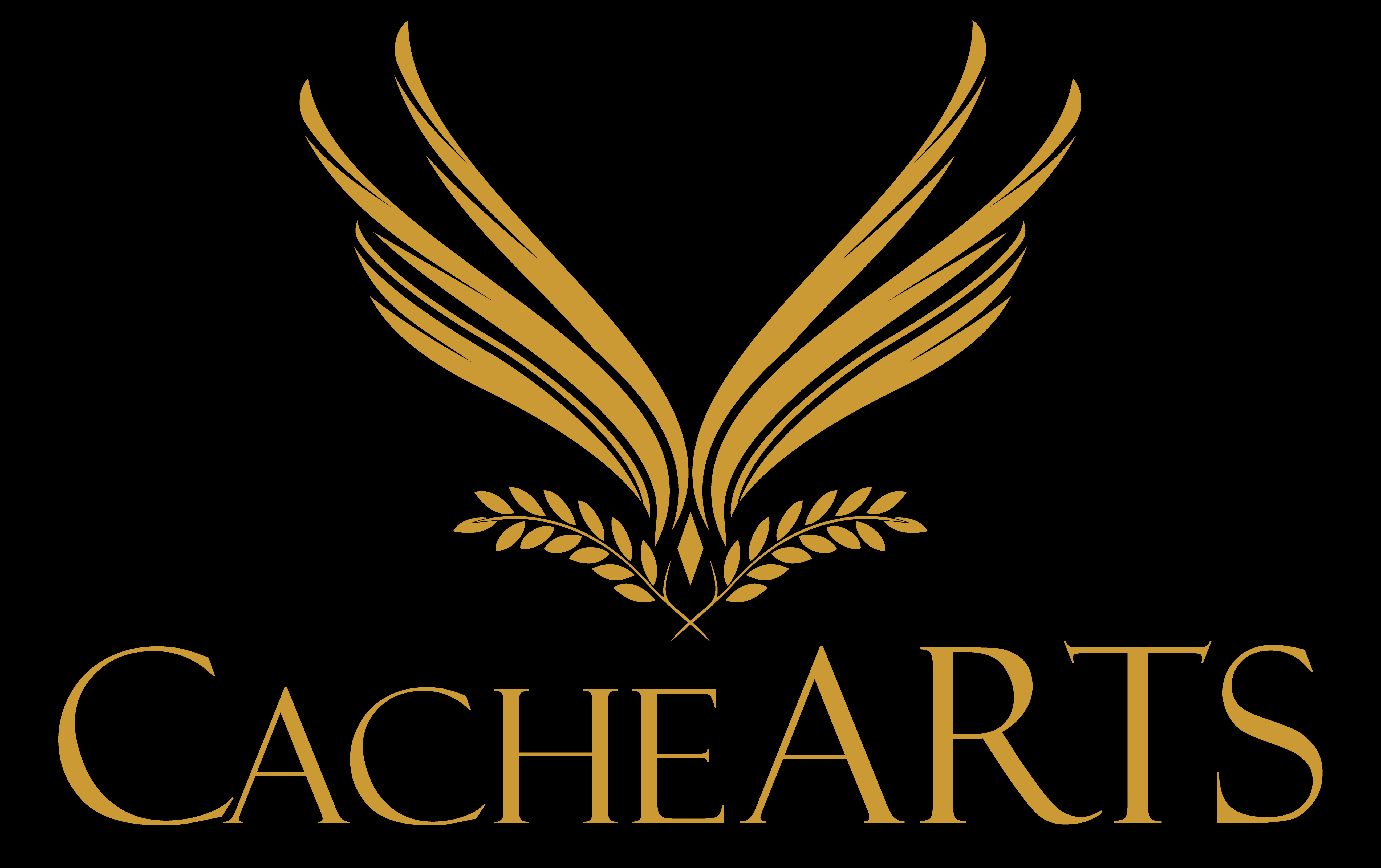 Logo for Cache ARTS. Above the word are two golden stylized wings, with two golden wheat sprigs crossing beneath them. This image links to the Cache ARTS Upcoming Events page.