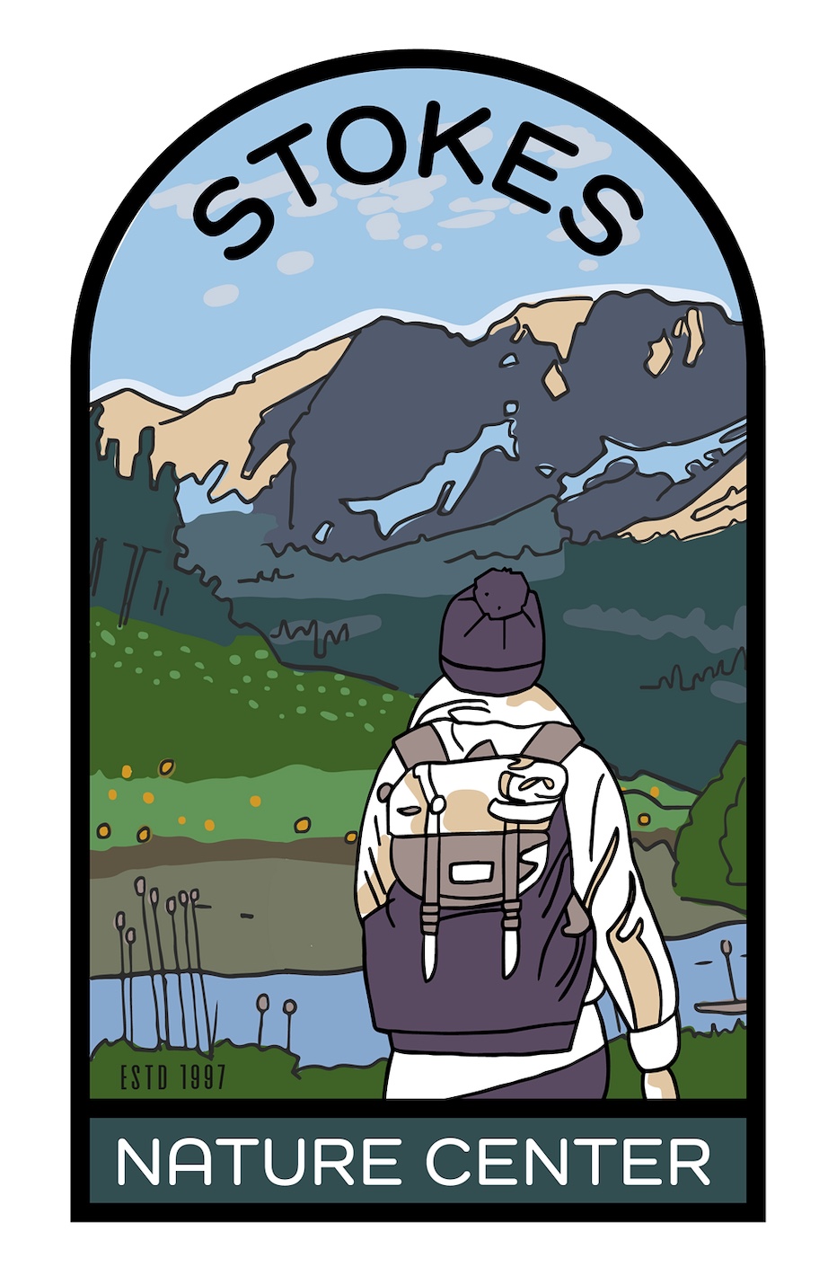 Arch-shaped patch logo for Stokes Nature Center, established 1997. A hiker views mountains, a lake, and trees. This image links to the Stokes Nature Center Home page.
