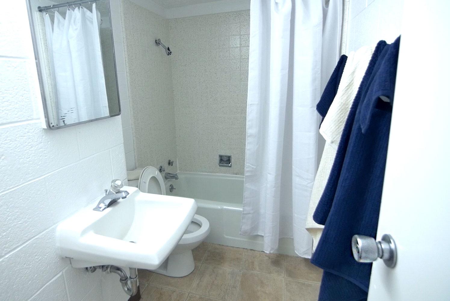 Bathroom with shower/tub, sink, toilet, and mirror