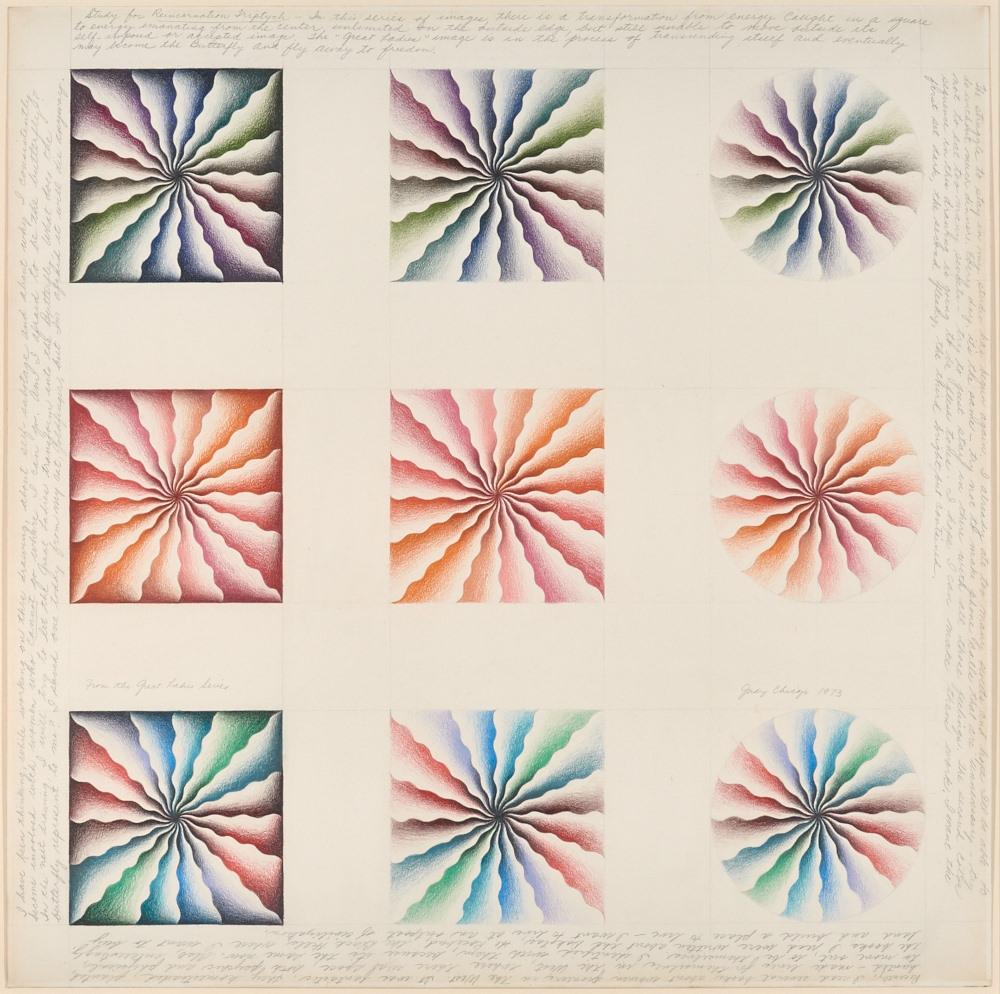 Nine stylized spiral drawings in a three by three grid with faint calligraphy written around the border