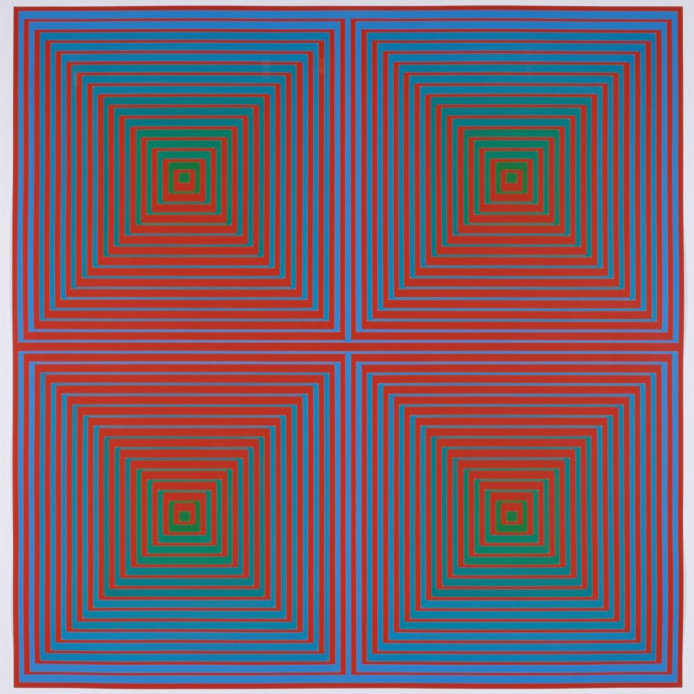 Nested blue and green square outlines on a red background