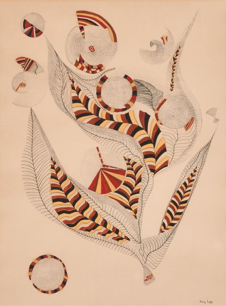A leaf and stem type figure with an intermittent black, red, yellow, white striped pattern