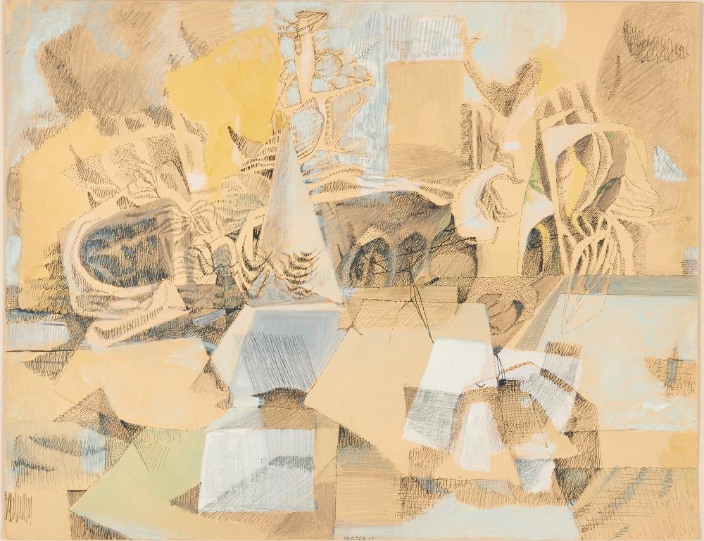 Neutral, light yellow, and light blue abstract shapes overlapping each other
