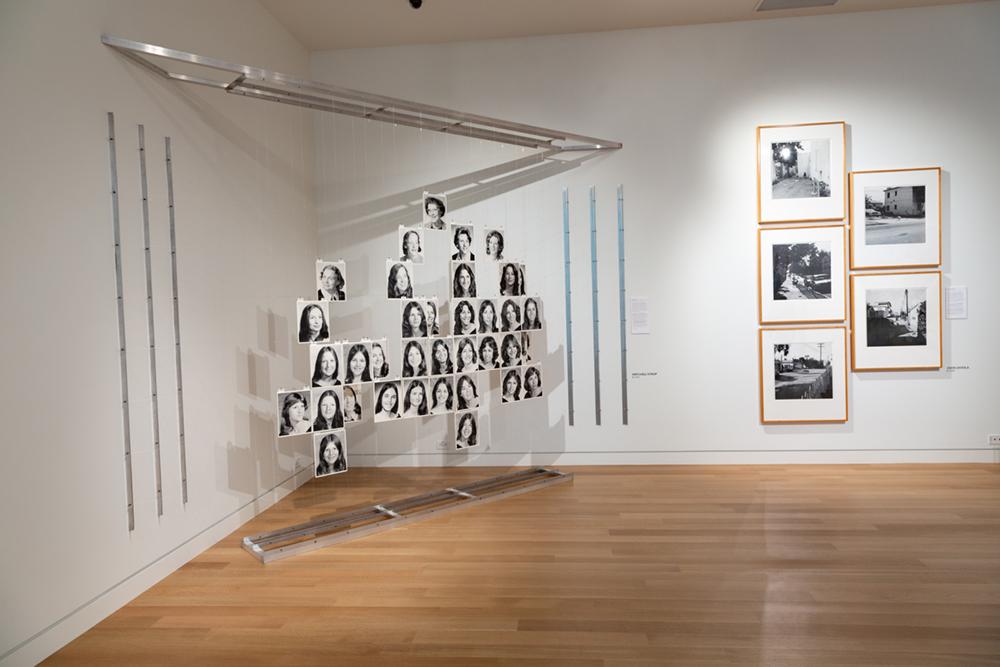Black and white images of women's portraits of women suspended from a mental frame