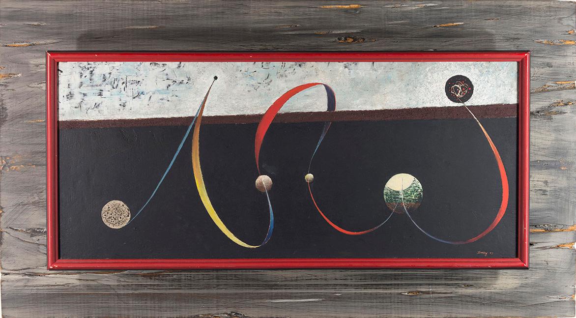 Blue, yellow, and red ribbon like curves linking various sized circles
