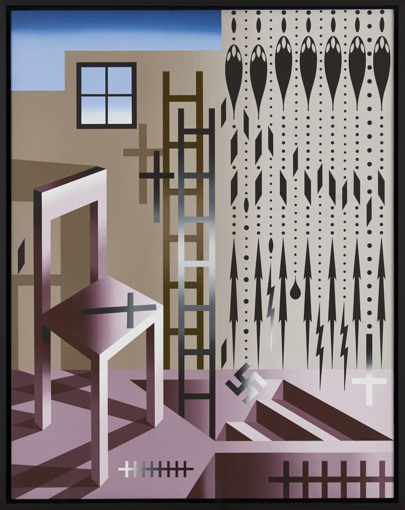A chair on the left and abstract shapes on the right