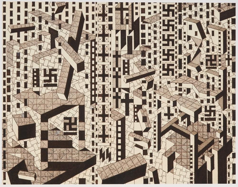 A composition of swastikas and crosses in a cubical design