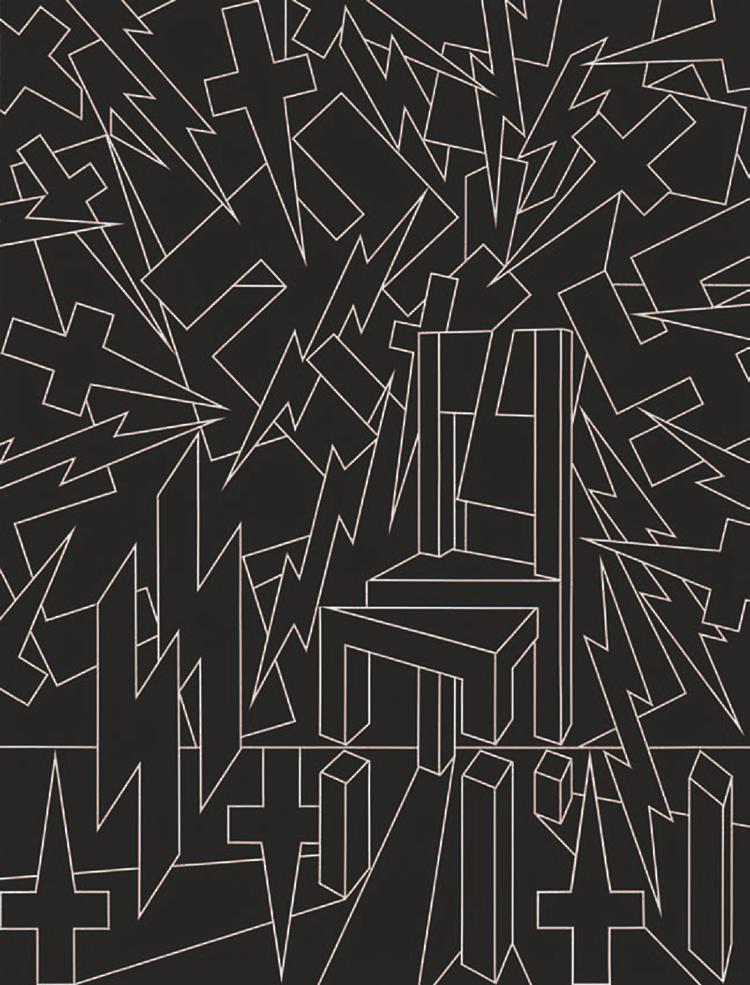 White outlines of lighting bolts, crosses, and swastikas around a chair on a black background