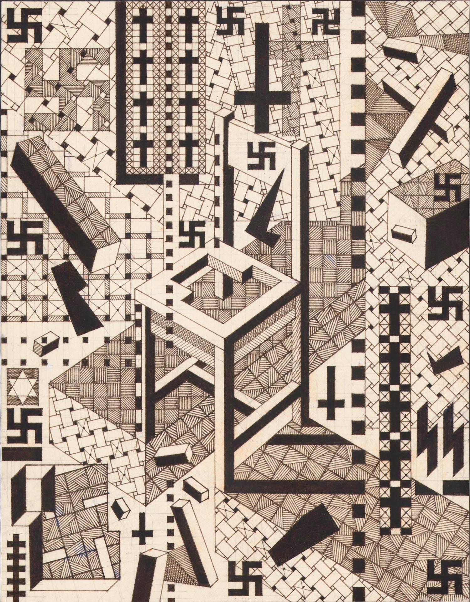 A central chair with crosses and swastikas around in cubical designs