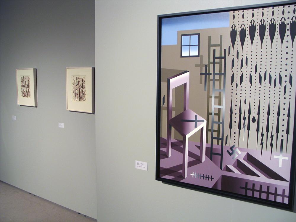 A wall of the exhibition with the large art piece