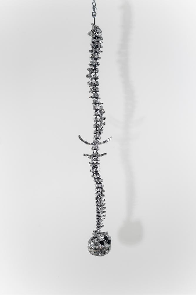 An upside down spinal column with a skull hanging from a chain