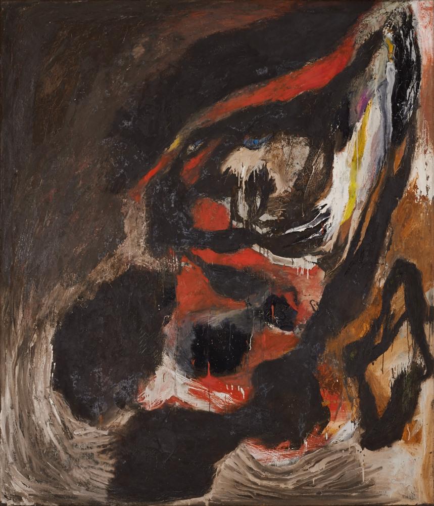 Dark abstract shapes with highlights of red