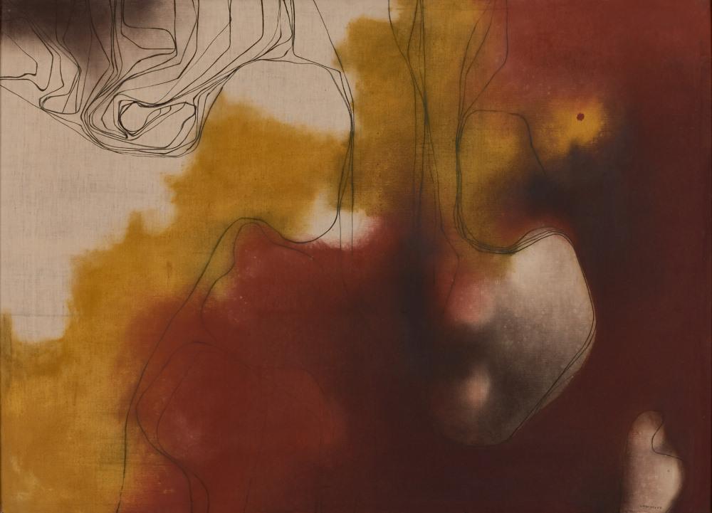 Red and yellow sections with thing black lines forming a shape