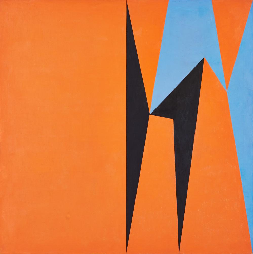 An orange background with triangular black and blue shapes