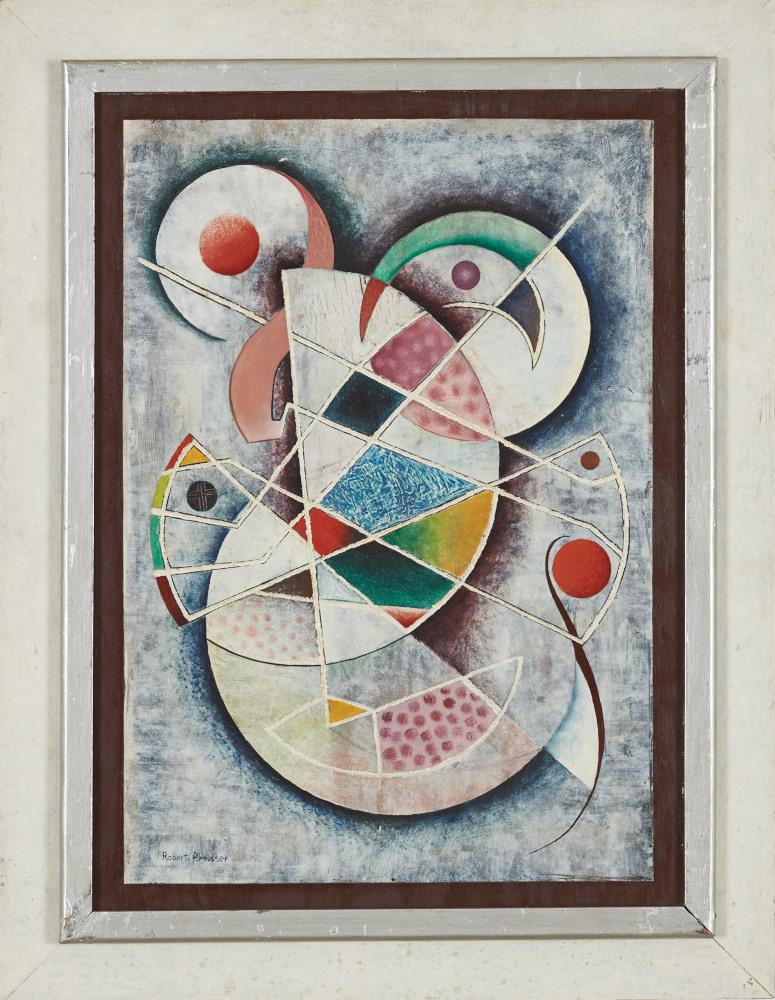 Abstract circular forms with line intersecting them
