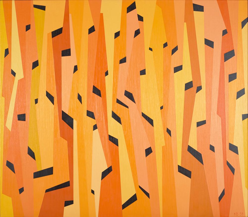 Striped hues of orange to yellow with diagonal black marks