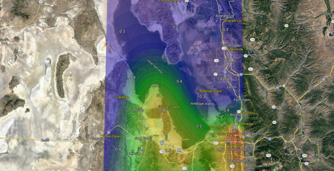 Map of average hydrochloric acid concentrations. The top half of the map is a dark blue representing lower concentrations, while the lower half is warmer colors, representing higher concentrations.