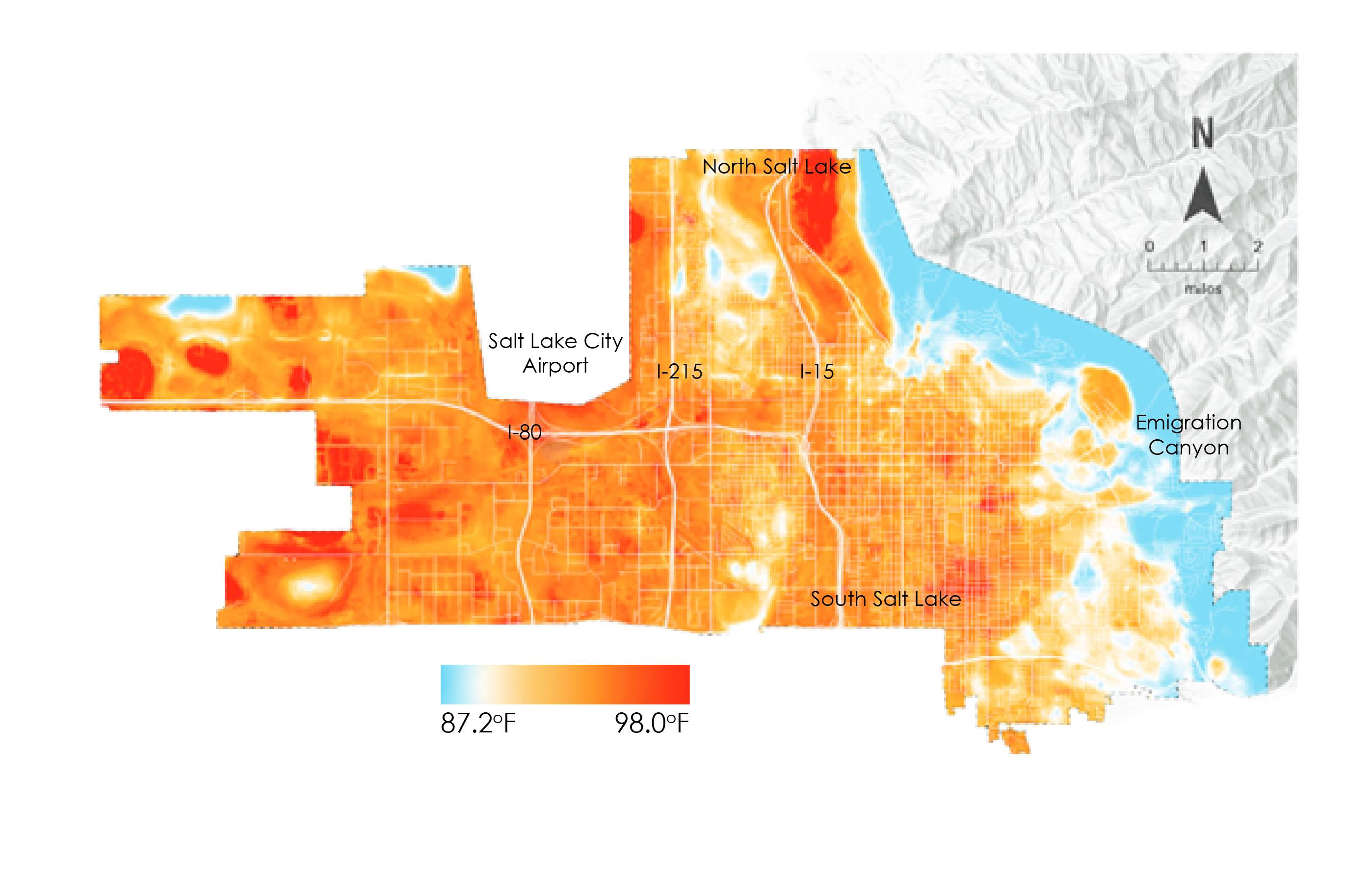 Heat mapping results for Salt Lake City for 3-4 pm in summer 2023. Scale shows from a blue (87.2 degrees F) to a dark orange/red (98.0 degrees F). There are various spots of blue on the edges near Emigration canyon, but the majority of the map is orange, with spots of dark red interspersed.