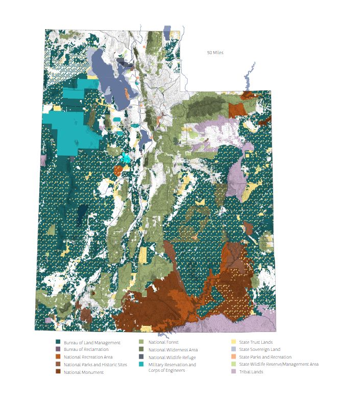 Map of Utah showing distribution of land between various owners. Owners include Bureau of Land Management, Bureau of Reclamation, National Recreation Area, National Park and Historic Sites, National Monument, National Forest, National Wilderness Area, National Wildlife Refuge, Military Reservation and Corps of Engineers, State Trust Lands, State Sovereign Land, State Parks and Recreation, State Wildlife Reserve/Management Area, and Tribal Lands.