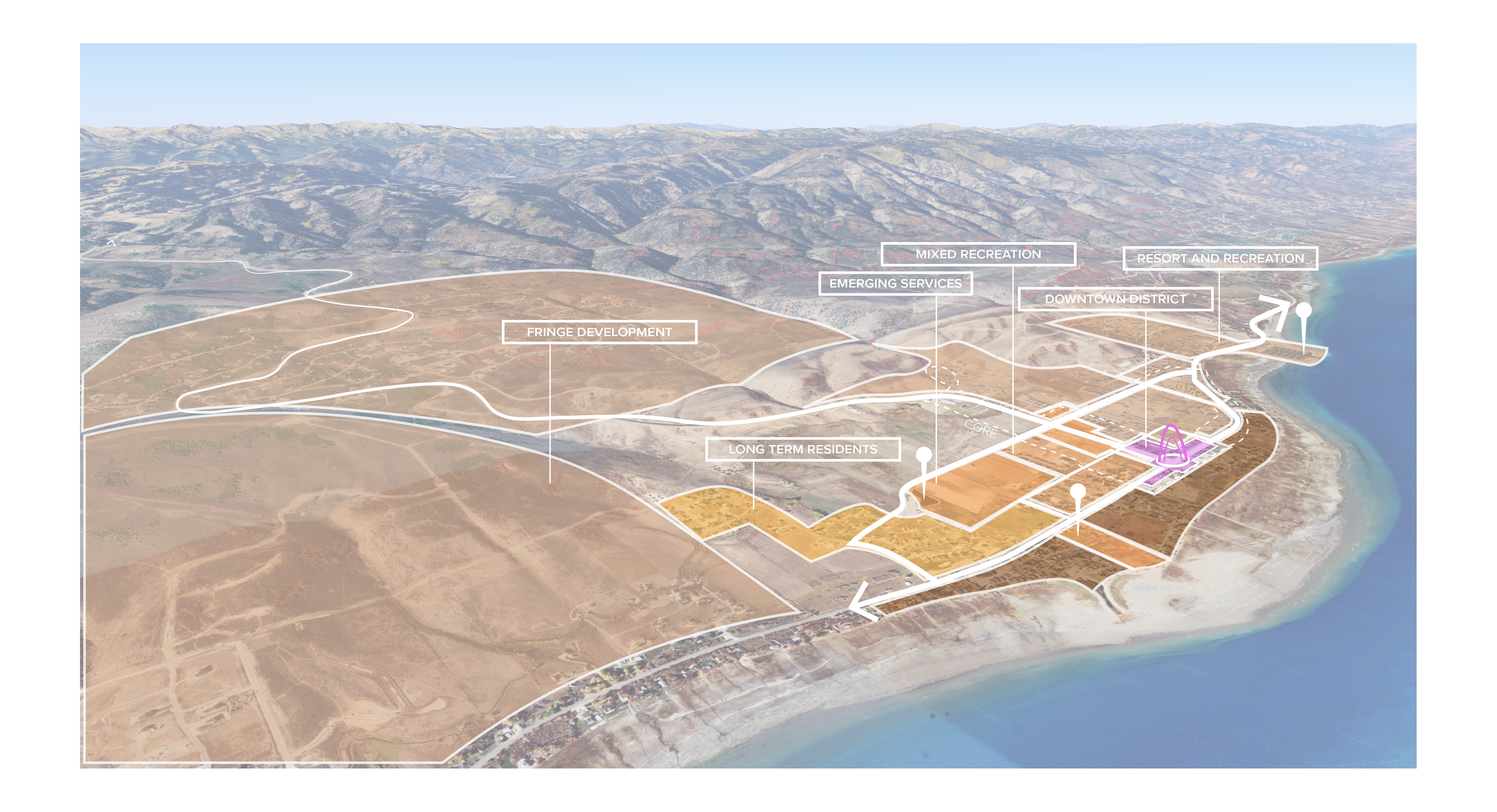 A map with fringe development, long term residents, emerging services, mixed recreation, downtown district, and resort and recreation area outlined.