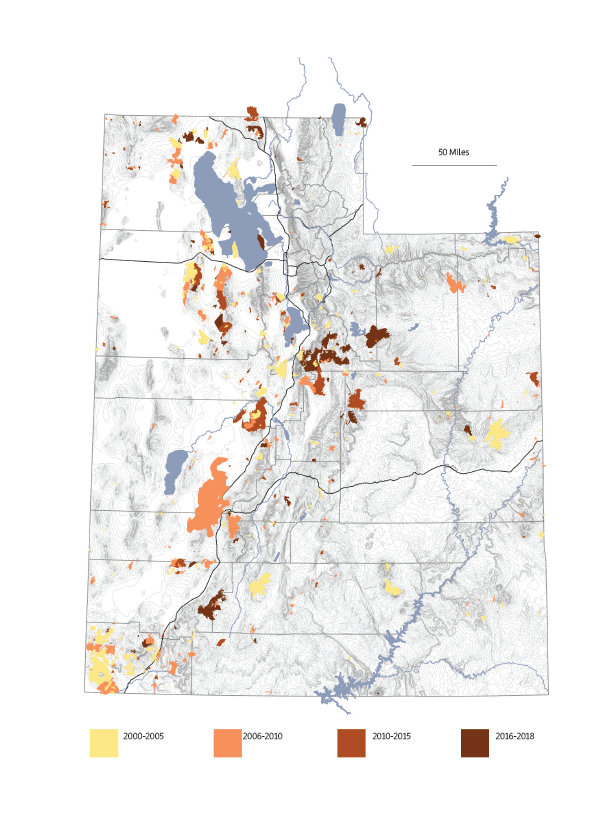 A map of Utah showing burn areas across the state. Burns from 2000-2005 are shown in yellow, burns from 2006-2010 are shown in orange, burns from 2010-2015 are shown in red, and burns from 2016-2018 are shown in brown. Notable large burns, from largest to smallest, include a burn in the 2006-2010 date range in southwestern Utah, a group of burns in the 2016-2018 date range in central Utah, and a burn in the 2000-2005 date range in the very southwest corner of Utah.