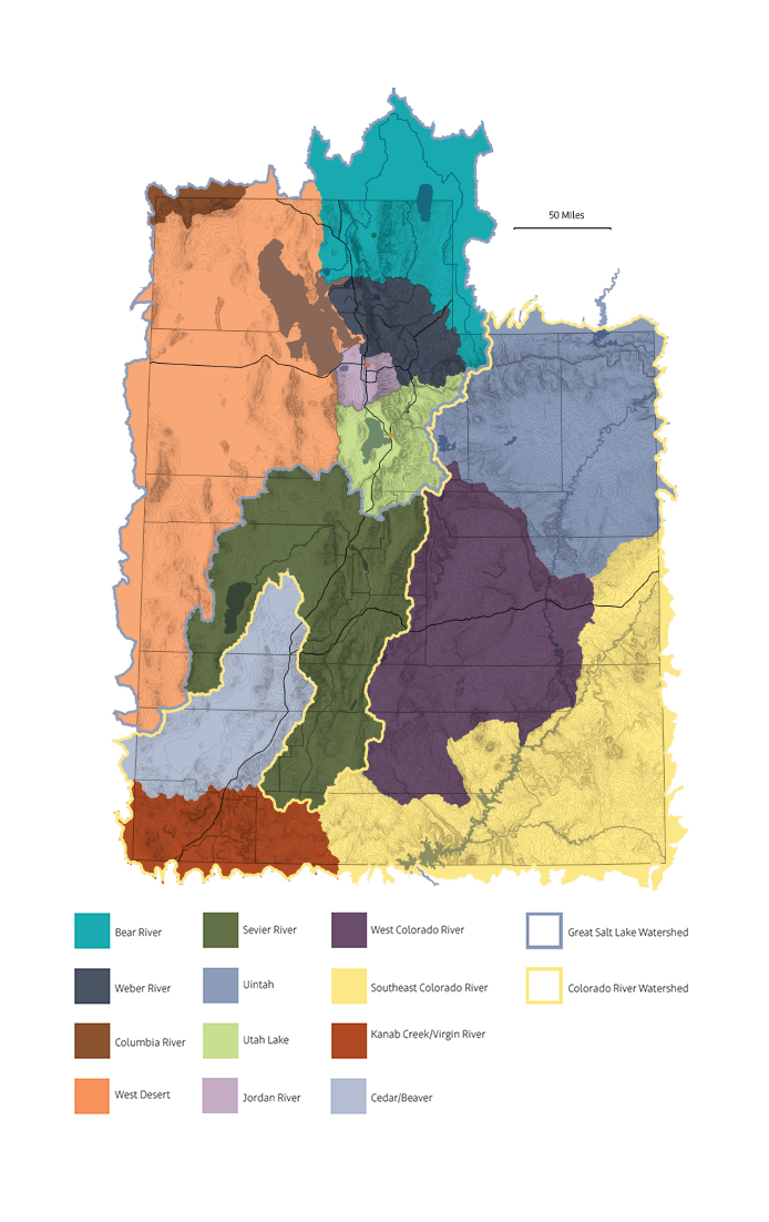 A map of Utah and the surrounding area showing watersheds and basin areas. The Bear River area is indicated in the northern central region of Utah, with Weber River bordering it to the south and Jordan River and Utah Lake south of that. The very northwestern corner of the state is occupied by the small Columbia River, the remainder of the northwestern third of the state is dominated by West Desert, and the central east portion is Uintah. The center of the state is split down the center, with Sevier River on the left and West Colorado River on the right. Cedar/Beaver is directly south of Sevier River, and Kanab Creek/Virgin River is directly south of Cedar/Beaver, occupying the southwestern corner of Utah. The entire southeastern corner of Utah is covered by Southeast Colorado River. The largest regions, in order, include West Desert, Southeast Colorado River, West Colorado River, Sevier River, and Uintah. Outlines indicate which of the areas included fall under one of two watersheds indicated on the map. The Great Salt Lake Watershed is composed of Bear River, Weber River, Jordan River, Utah Lake, Columbia River, and West Desert. The Colorado River Watershed is composed of Uintah, West Colorado River, Southeast Colorado River, Kanab Creek/Virgin River, and Cedar/Beaver. The only area not included in one of the two watersheds is Sevier River.