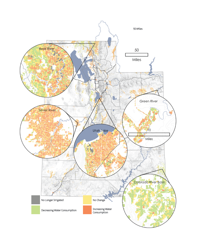 A map of Utah showing irrigation system changes from 2018-2023, including whether an area is no longer irrigated, decreasing water consumption, hasn't changed, or is increasing water consumption. Five areas of the map are shown in more detail: Bear River, Sevier River, Utah Lake, Green River, and Colorado River Basin. The western portion of the Bear River area shows decreasing water consumption or no change, while the eastern portion shows many areas with increasing water consumption. Most of the Sevier River and Utah Lake areas show increasing water consumption. Green River has little data, which is a mix of decreasing, unchanging, or increasing water consumption. The majority of the Colorado River Basin shows decreasing water consumption.