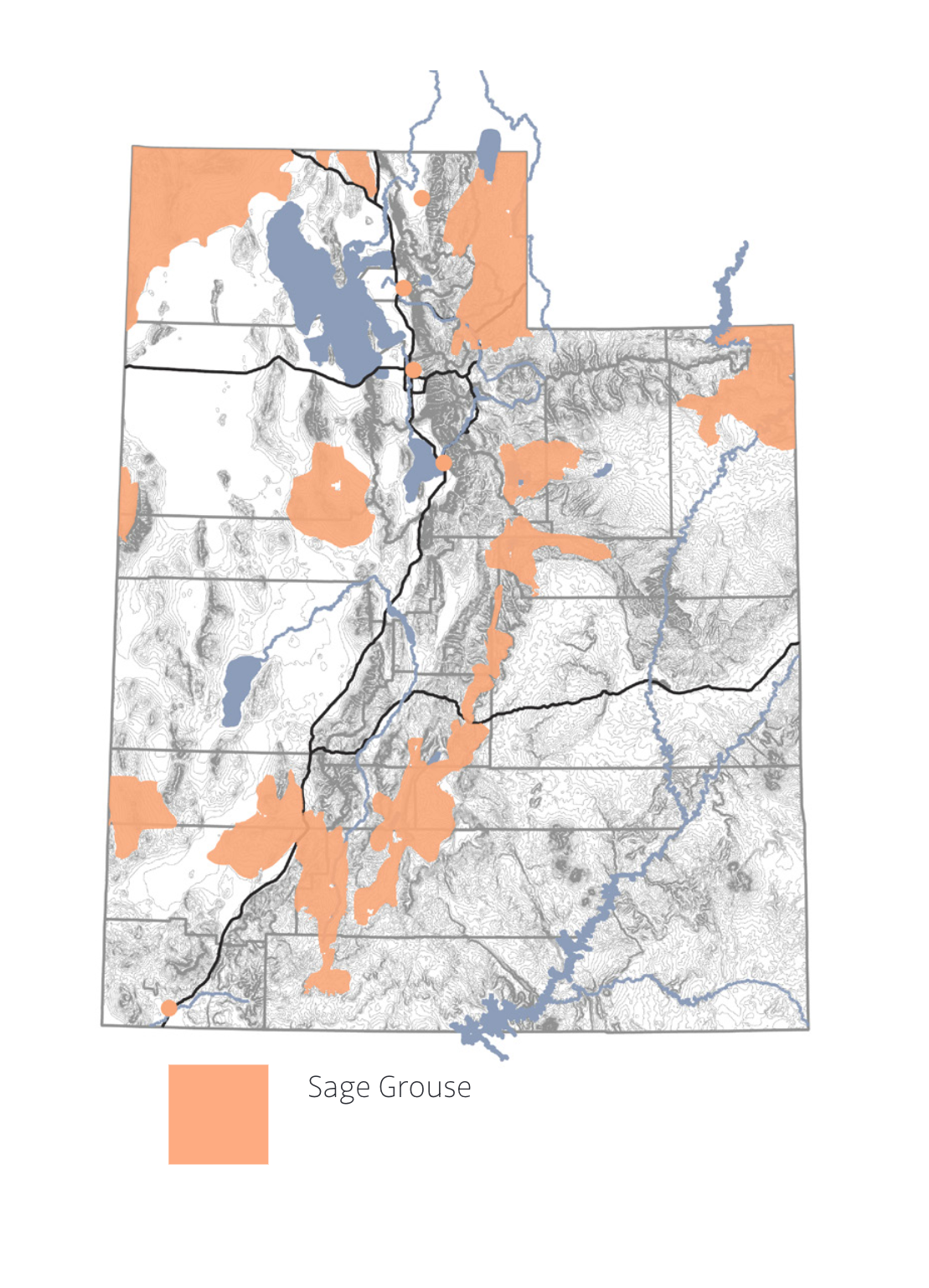 Map of Utah showing sage grouse habitat areas highlighted in orange. Habitat is distributed across various parts of the state, including the northwestern, northeastern, central, and southwestern regions.