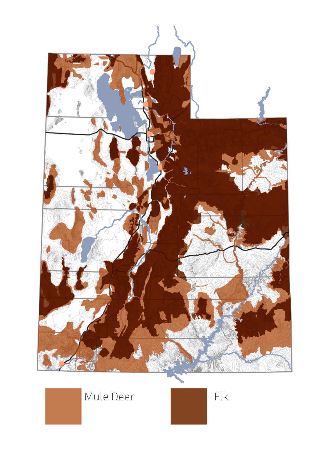 Map of Utah displaying the habitats of mule deer and elk. Mule deer habitats are shown in light brown, covering a wide range of the state, including lower elevations and foothill regions. Elk habitats are highlighted in dark brown, primarily concentrated in mountainous and forested areas. The map includes orange dots marking specific locations of interest.