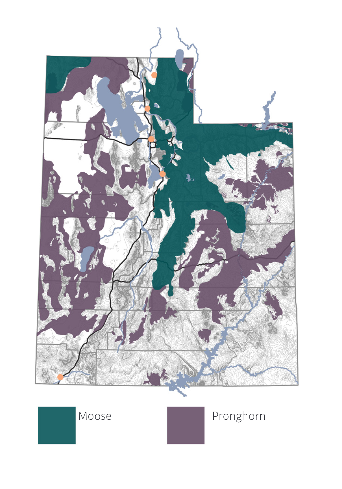 Map of Utah showing the habitats of moose and pronghorn. Moose habitats are highlighted in teal, predominantly in the northern and central mountainous areas of the state. Pronghorn habitats are marked in purple, covering a broader area, including much of the western and southern regions. Orange dots mark key locations on the map, likely indicating specific reference points or study areas.