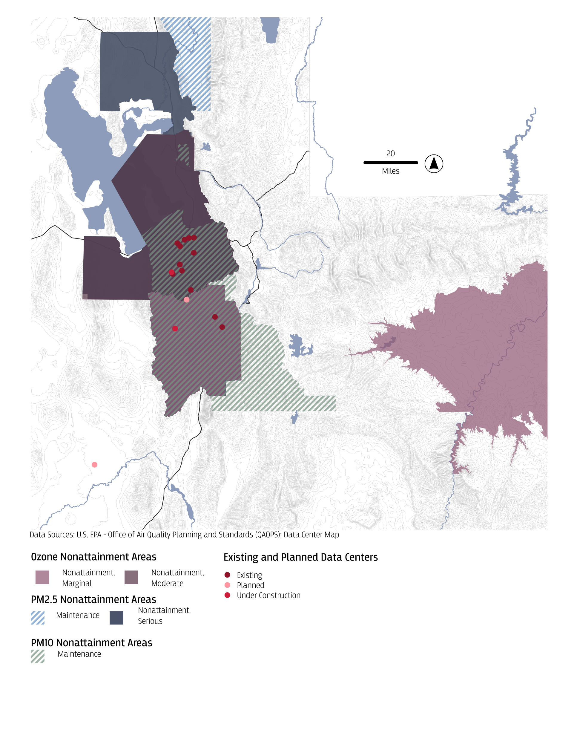 A map of northern Utah showing Ozone, PM2.5, and PM10 nonattainment areas alongside existing, planned, and under construction data centers. Ozone nonattainment areas are shaded in purple, with a darker tone indicating moderate levels and a lighter tone marking marginal zones. PM2.5 nonattainment areas are crosshatched in blue, and PM10 maintenance areas are shown with green hatching. Several red dots mark the locations of data centers—distinguished as existing, planned, or under construction—primarily concentrated along the Wasatch Front from Ogden through Salt Lake City and into Utah County. The map indicates that many data centers are located within or adjacent to air quality nonattainment regions, highlighting the overlap between industrial and environmental zones in central northern Utah.