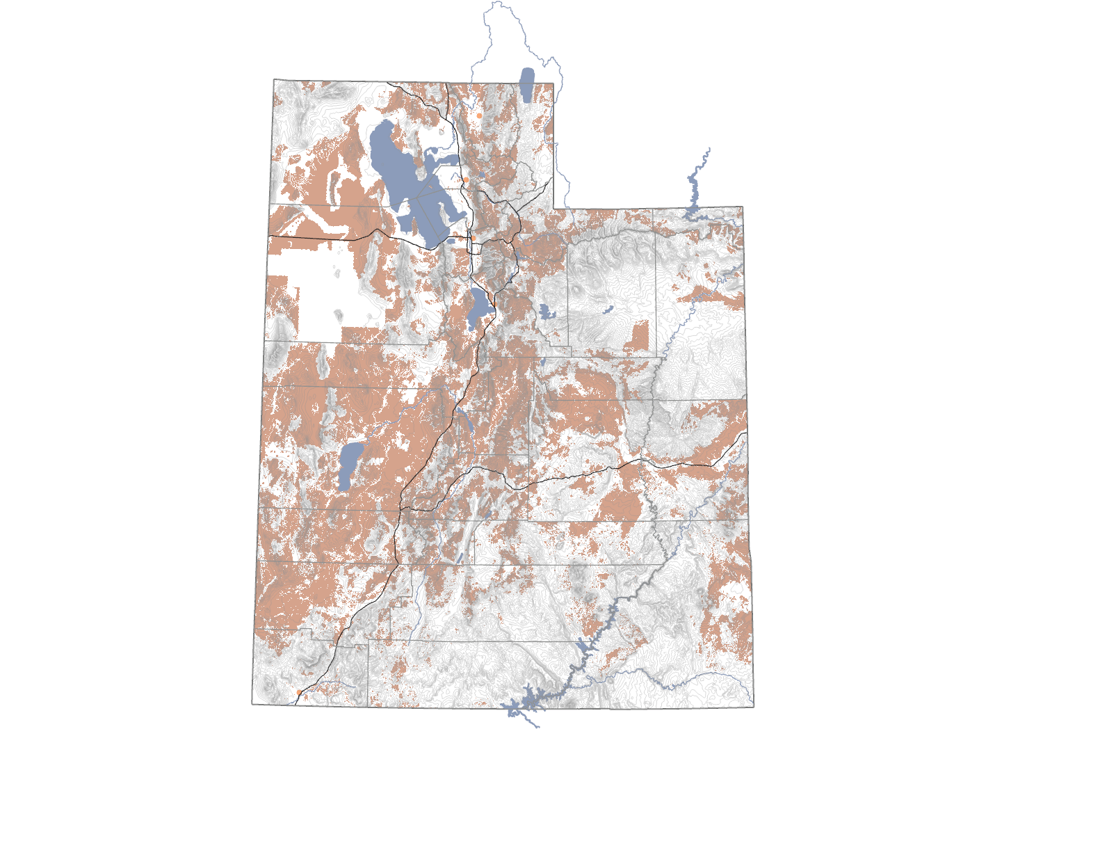 A map of Utah highlighting areas of Lower Environmental Conflict in brown. These shaded regions are widely distributed across the state, with especially dense coverage in central, southwestern, and southeastern Utah. Northern Utah, particularly around the Wasatch Front and Great Salt Lake, shows more fragmented patches of brown interspersed with unshaded areas. Blue regions mark bodies of water such as Utah Lake, the Great Salt Lake, and Lake Powell. Overall, the map shows that lower environmental conflict areas are most prevalent in rural and undeveloped parts of Utah, while more populated valleys and high-elevation regions have fewer such zones.