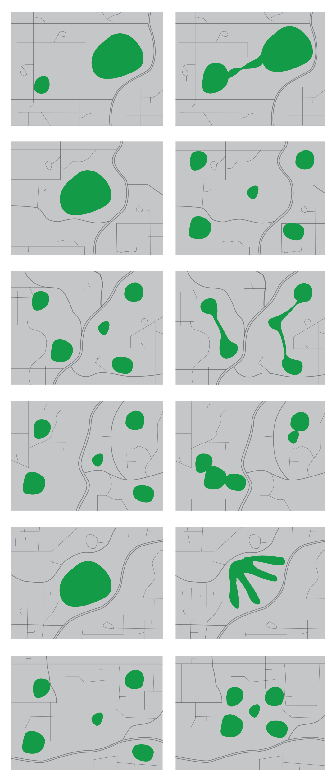 Six pairs of diagrams, comparing greenspace layouts with "Less Health Benefit" (left column) and "More Health Benefit" (right column).The diagrams illustrate that larger and more connected greenspaces (right column) are generally superior to smaller, scattered ones (left column).