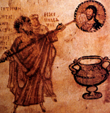 Christian iconoclasts painting over realistic art (click to see larger image)