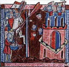 Crusaders catapulting heads inside a city (click to see larger image)