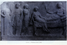 Relief depicting three actors sacrificing to Dionysus (click to see larger image)