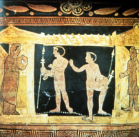 Greek vase depicting a production of Euripides' Iphigenia Among The Taurians (click to see larger image)
