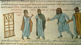 A Medieval Manuscript depicting a scene from Terence's Adelphoe (click to see larger image)