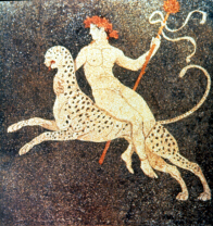Roman mosaic of Dionysus in triumph, riding a leopard (click to see larger image)
