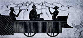 Greek vase painting depicting a Dionysiac procession riding in a wagon (click to see larger image)